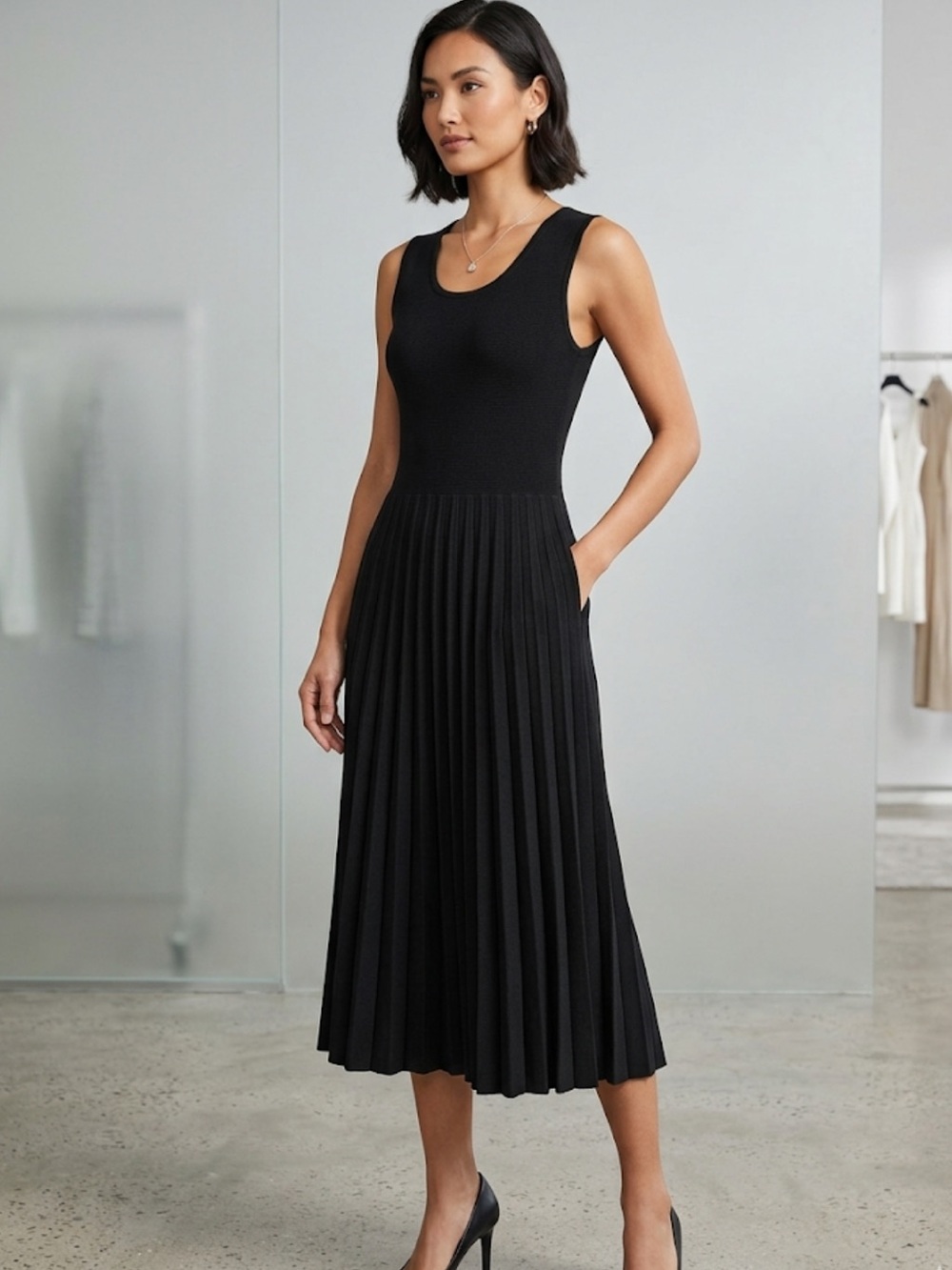 ⭐️ NWT retail $149 Black Sleeveless Pleated Midi Dress - Elegant Everyday Style